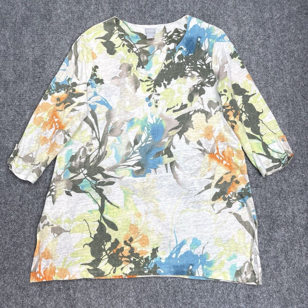 Chicos Linen Tunic Top Sz 2  Womens Size Large Artistic Floral Split V Neck
